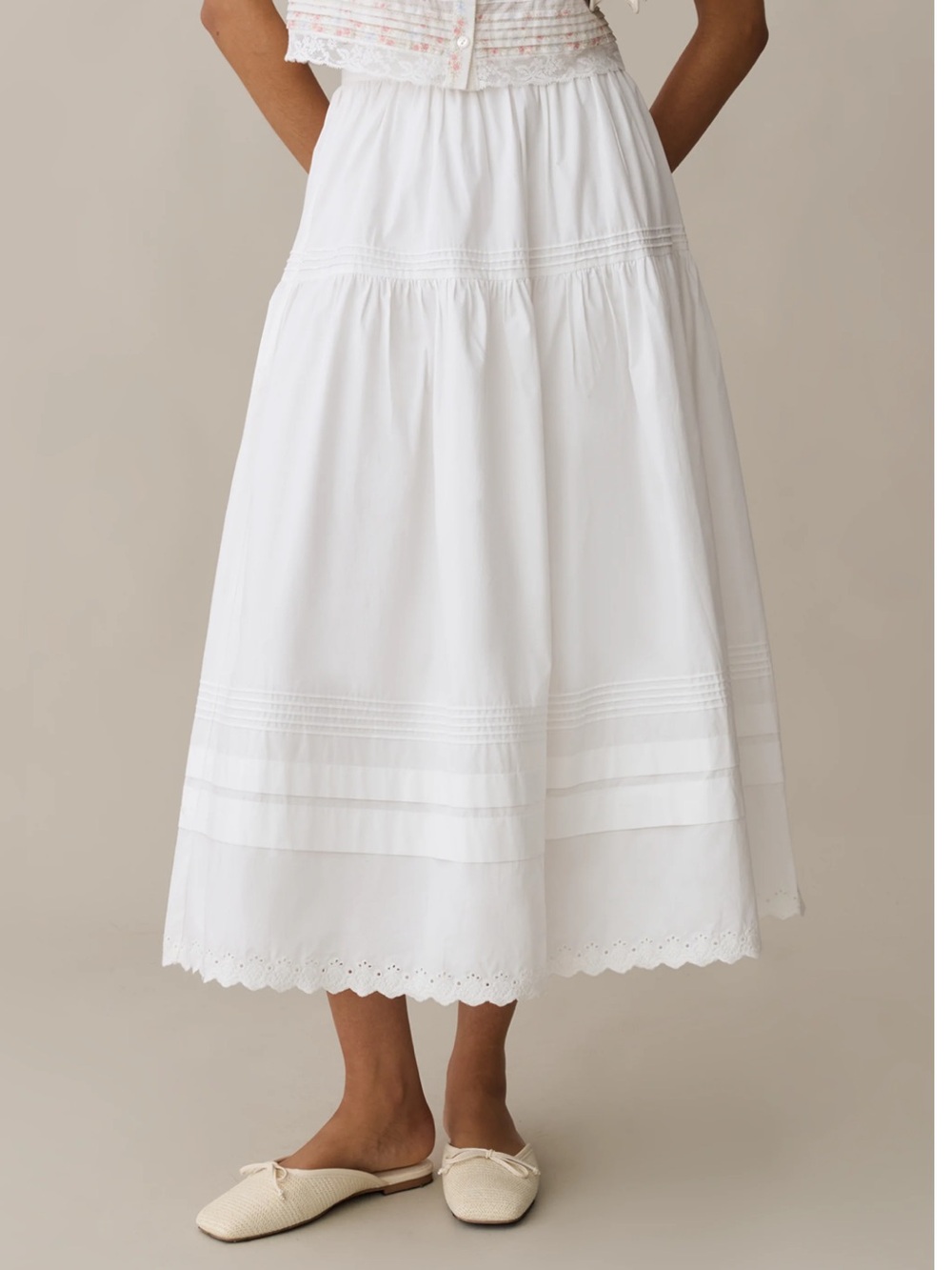 White Midi Skirt with Eyelet Hem